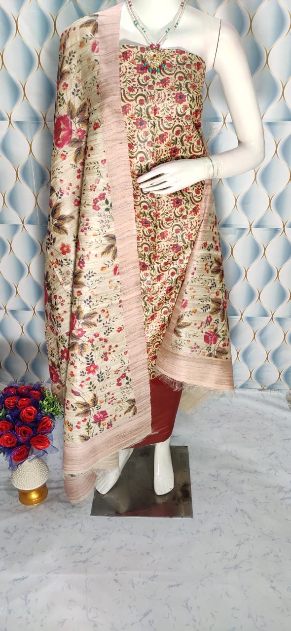 Beige Shade Handloom Tussar Silk Digital printed Unstitched  2PC Dress Material