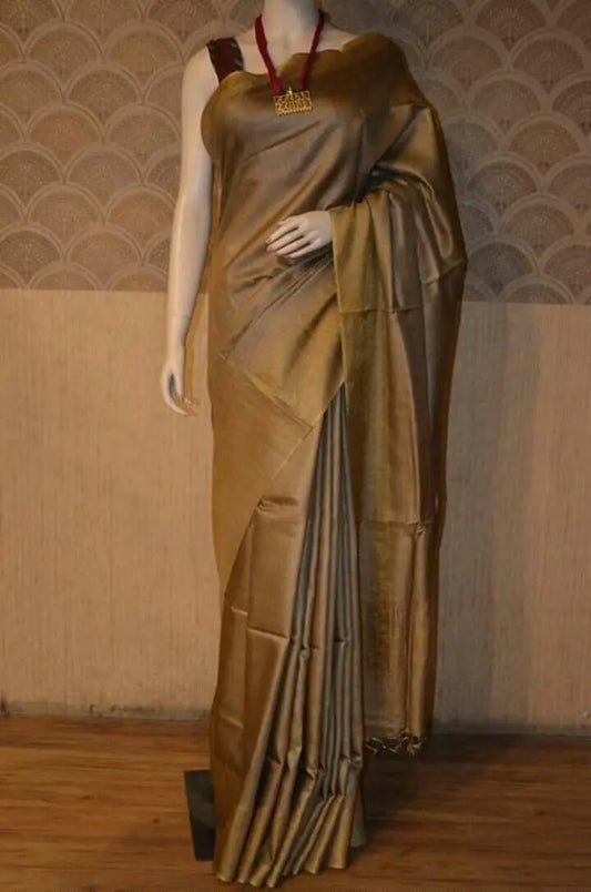 Coffee Shade Handwoven Munga Tussar Silk Saree | Golden Zari Border | KIHUMS Saree