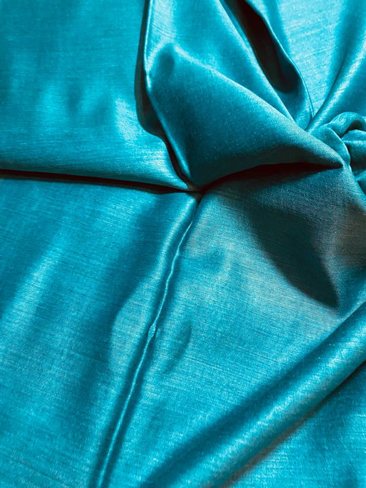 Turquoise Shade Handwoven Munga Tussar Silk Saree | Golden Zari Border | KIHUMS Saree