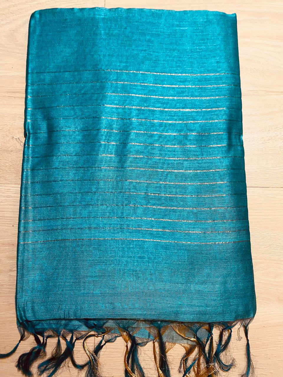 Turquoise Shade Handwoven Munga Tussar Silk Saree | Golden Zari Border | KIHUMS Saree