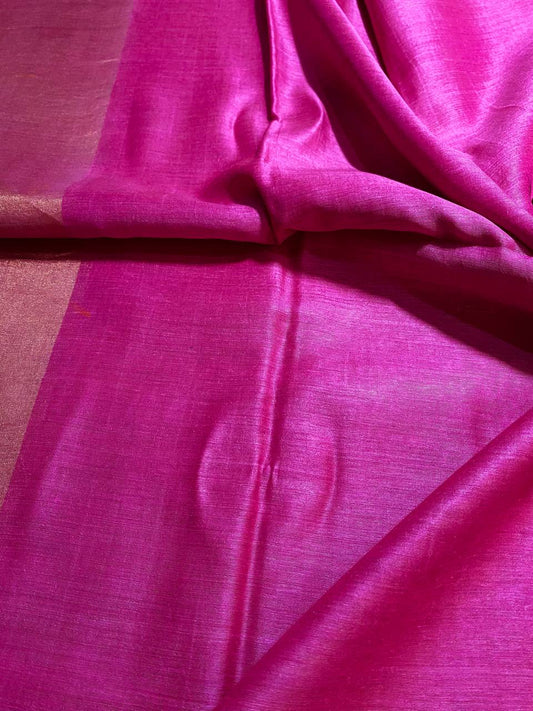 Hot Pink Shade Handwoven Munga Tussar Silk Saree | Golden Zari Border | KIHUMS Saree
