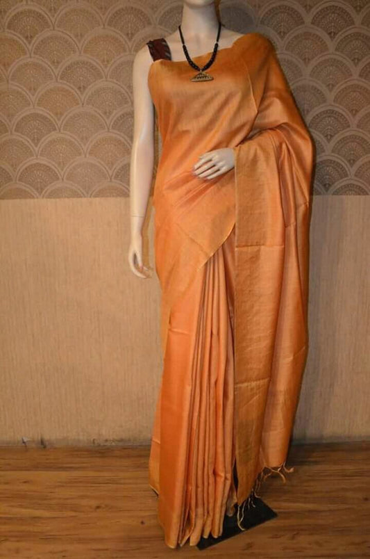 Orange Shade Handwoven Munga Tussar Silk Saree | Golden Zari Border | KIHUMS Saree