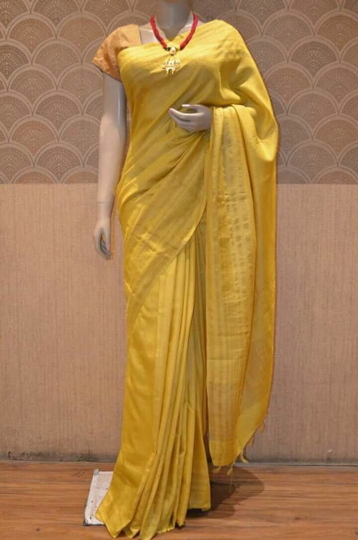 Yellow Shade Handwoven Munga Tussar Silk Saree | Golden Zari Border | KIHUMS Saree