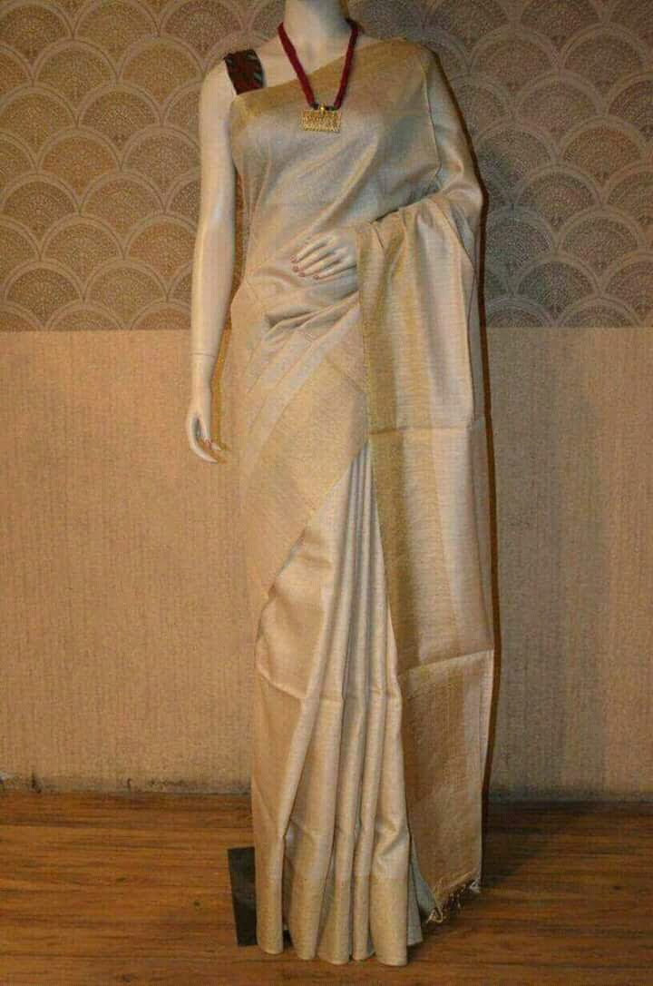 White Shade Handwoven Munga Tussar Silk Saree | Golden Zari Border | KIHUMS Saree
