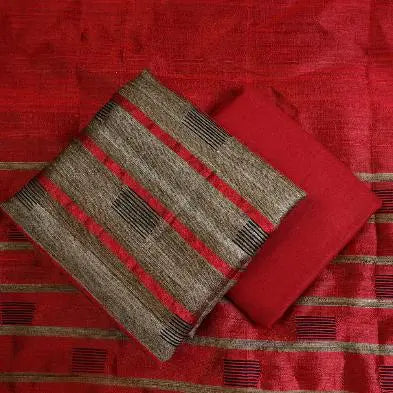 Dark Red and Cream Shade Handloom Dupion Tussar Silk Unstitched Dress Material kihums clothing