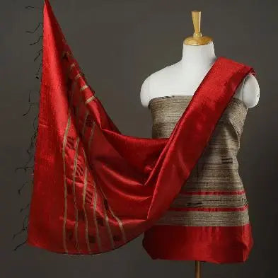 Dark Red and Cream Shade Handloom Dupion Tussar Silk Unstitched Dress Material kihums clothing