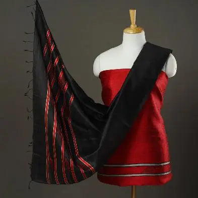 Dark Red and Black Shade Handloom Dupion Tussar Silk Unstitched Dress Material kihums clothing