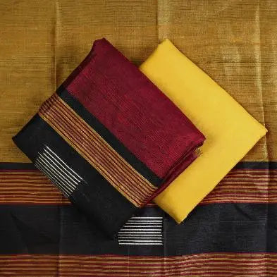 Dark Red and Mustard Yellow Shade Handloom Dupion Tussar Silk Unstitched Dress Material kihums clothing