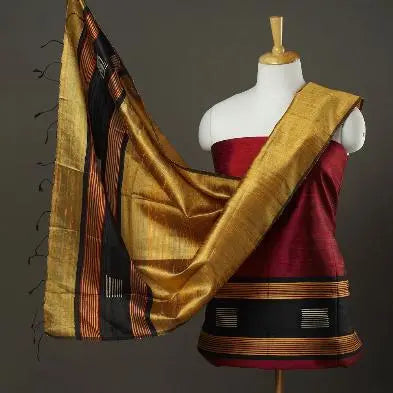 Dark Red and Mustard Yellow Shade Handloom Dupion Tussar Silk Unstitched Dress Material kihums clothing