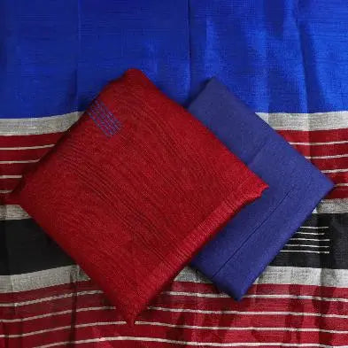 Dark Red and Blue Shade Handloom Dupion Tussar Silk Unstitched Dress Material kihums clothing