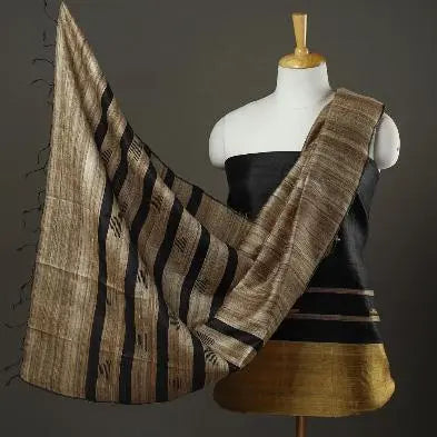 Black and Cream Shade Handloom Dupion Tussar Silk Unstitched Dress Material kihums clothing