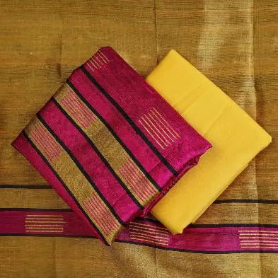 Hot Pink and Mustard Yellow Shade Handloom Dupion Tussar Silk Unstitched Dress Material kihums clothing