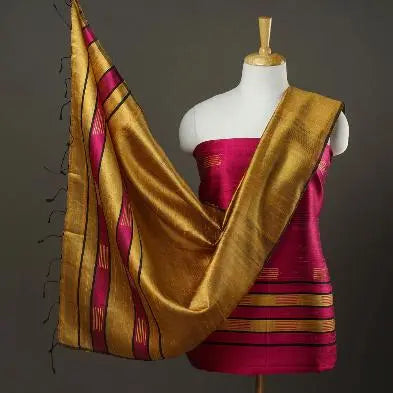 Hot Pink and Mustard Yellow Shade Handloom Dupion Tussar Silk Unstitched Dress Material kihums clothing