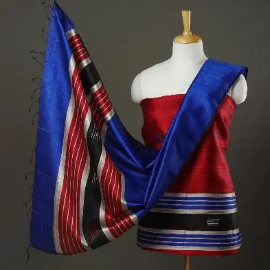 Dark Red and Blue Shade Handloom Dupion Tussar Silk Unstitched Dress Material kihums clothing