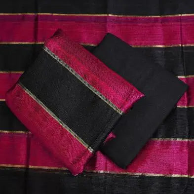 Hot Pink and Black Shade Handloom Dupion Tussar Silk Unstitched Dress Material kihums clothing