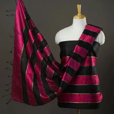 Hot Pink and Black Shade Handloom Dupion Tussar Silk Unstitched Dress Material kihums clothing