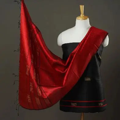 Red and Black Shade Handloom Dupion Tussar Silk Unstitched Dress Material kihums clothing