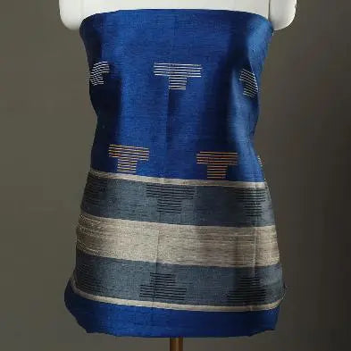 Blue and Grey Shade Handloom Dupion Tussar Silk Unstitched Dress Material kihums clothing