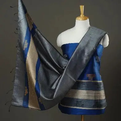 Blue and Grey Shade Handloom Dupion Tussar Silk Unstitched Dress Material kihums clothing