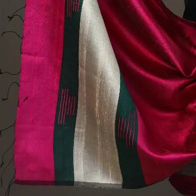 Dark Green and Pink Handloom Dupion Tussar Silk Unstitched Dress Material kihums clothing