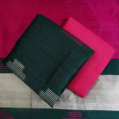 Dark Green and Pink Handloom Dupion Tussar Silk Unstitched Dress Material kihums clothing