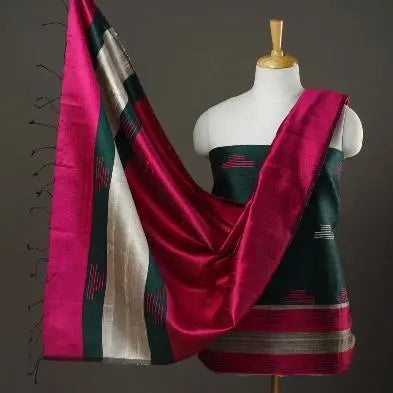 Dark Green and Pink Handloom Dupion Tussar Silk Unstitched Dress Material kihums clothing