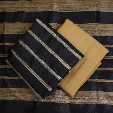 Black and Cream Handloom Dupion Tussar Silk Unstitched Dress Material kihums clothing