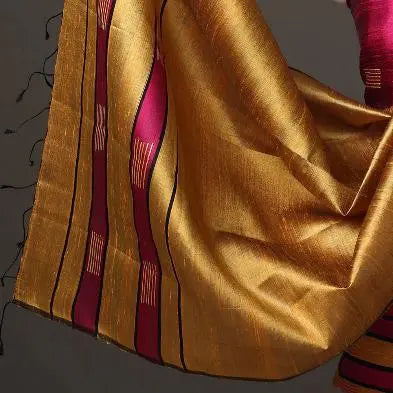 Pink and Mustard Handloom Dupion Tussar Silk Unstitched Dress Material kihums clothing