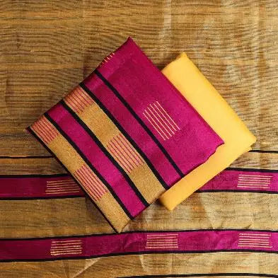 Pink and Mustard Handloom Dupion Tussar Silk Unstitched Dress Material kihums clothing