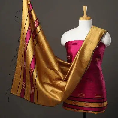 Pink and Mustard Handloom Dupion Tussar Silk Unstitched Dress Material kihums clothing