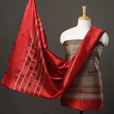 Red and Cream Handloom Dupion Tussar Silk Unstitched Dress Material kihums clothing