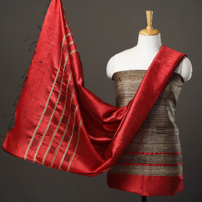 Red and Cream Handloom Dupion Tussar Silk Unstitched Dress Material