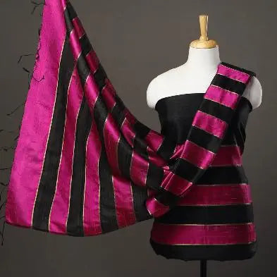 Black and Pink Handloom Dupion Tussar Silk Unstitched Dress Material kihums clothing