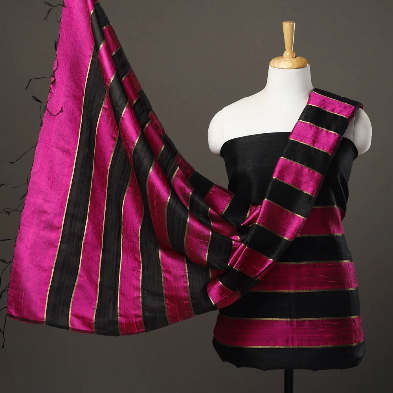 Black and Pink Handloom Dupion Tussar Silk Unstitched Dress Material