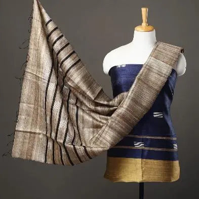 Blue and Cream Handloom Dupion Tussar Silk Unstitched Dress Material kihums clothing