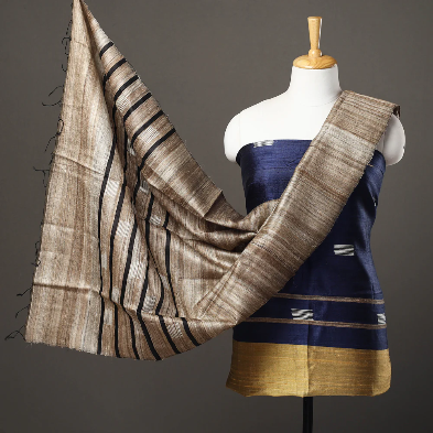 Blue and Cream Handloom Dupion Tussar Silk Unstitched Dress Material