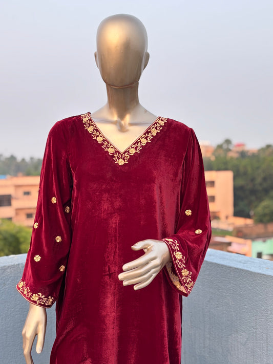 Maroon Zari Embroidered Velvet Co-ord sets | Kurta with Palazzos