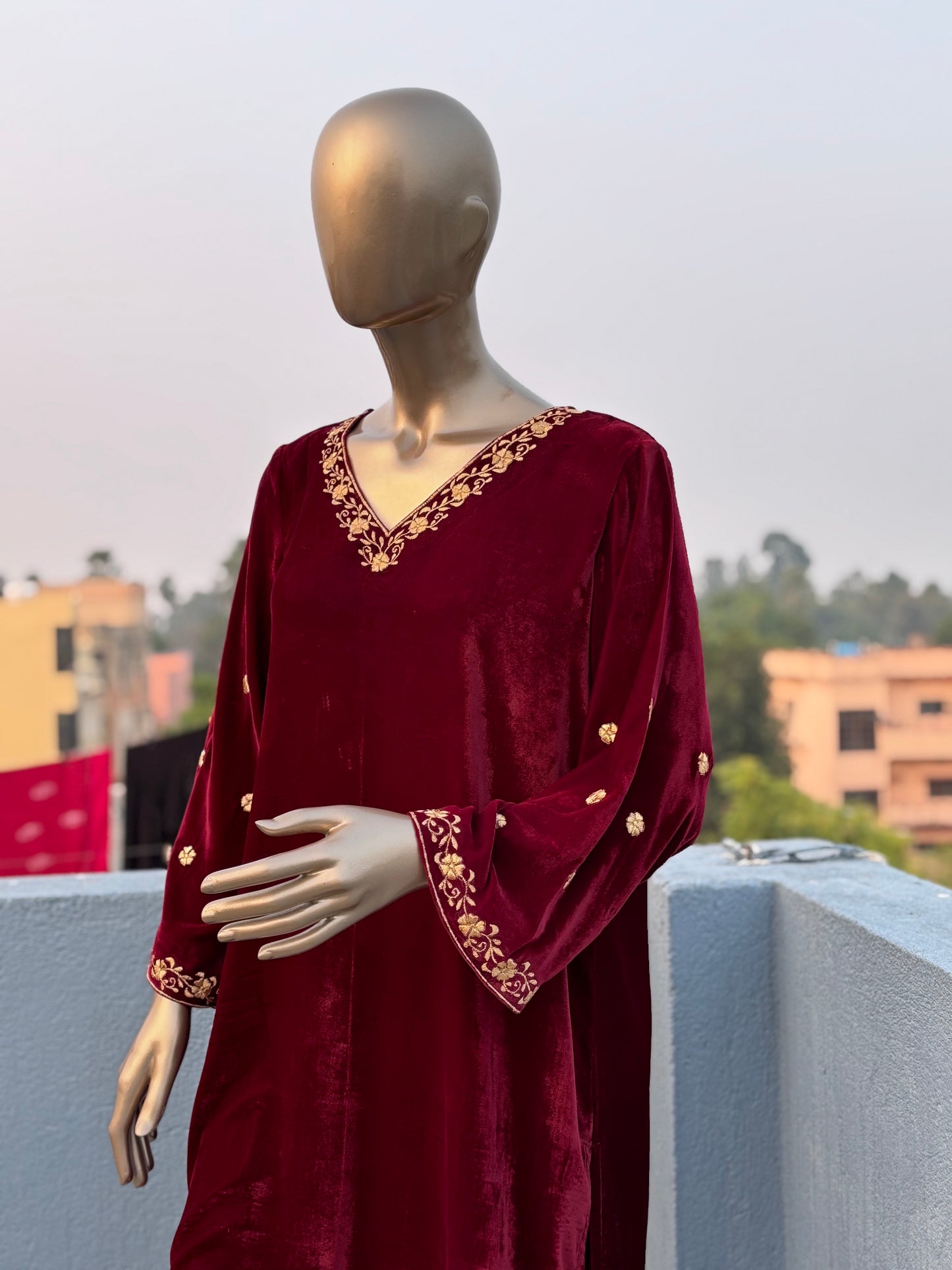 Maroon Zari Embroidered Velvet Co-ord sets | Kurta with Palazzos