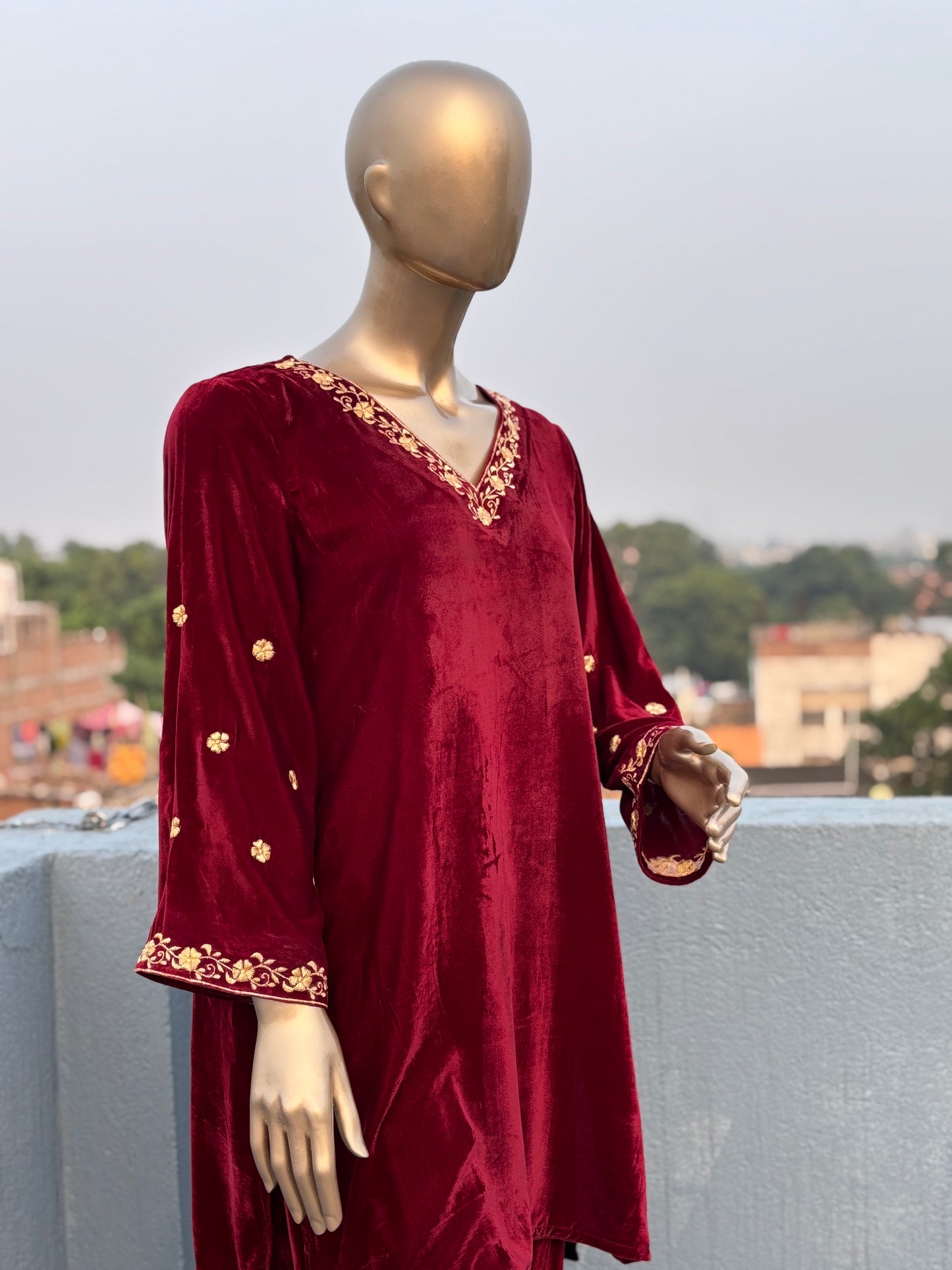 Maroon Zari Embroidered Velvet Co-ord sets | Kurta with Palazzos