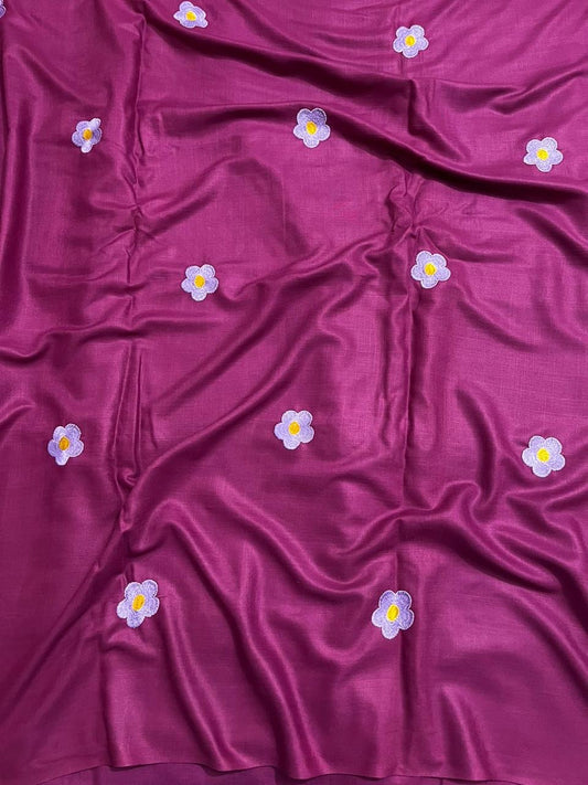Handloom 100% Viscose Fabric with Embroidery motif - Magenta with Lavendar floral embroidery