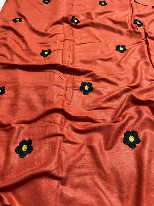 Handloom 100% Viscose Fabric with Embroidery motif - Rust with Black floral embroidery