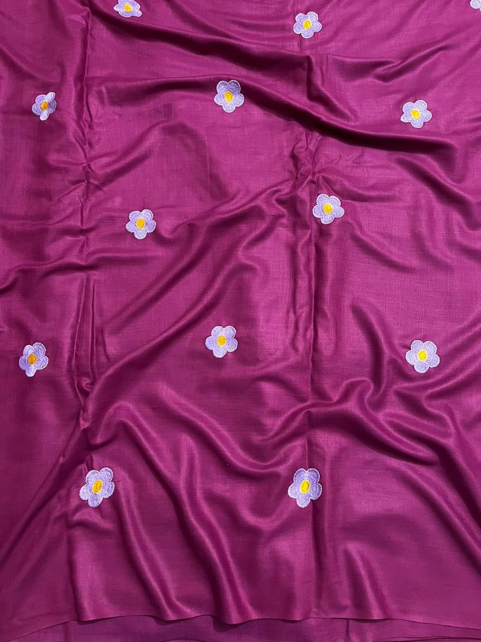 Handloom 100% Viscose Fabric with Embroidery motif - Magenta with Lavendar floral embroidery