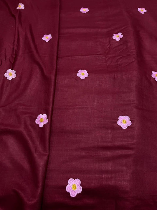 Handloom 100% Viscose Fabric with Embroidery motif - Dark Maroon with baby pink floral embroidery