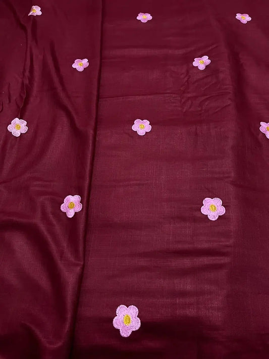 Handloom 100% Viscose Fabric with Embroidery motif - Dark Maroon with baby pink floral embroidery kihums clothing