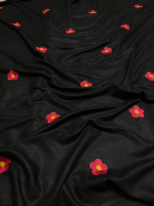Handloom 100% Viscose Fabric with Embroidery motif - Black with Pink floral embroidery