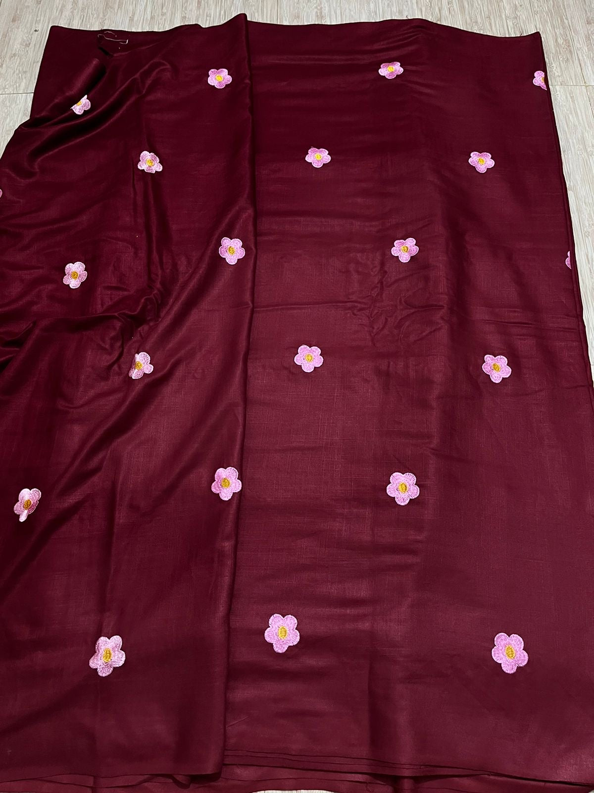 Handloom 100% Viscose Fabric with Embroidery motif - Dark Maroon with baby pink floral embroidery