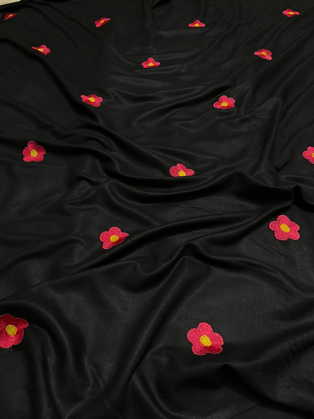 Handloom 100% Viscose Fabric with Embroidery motif - Black with Pink floral embroidery