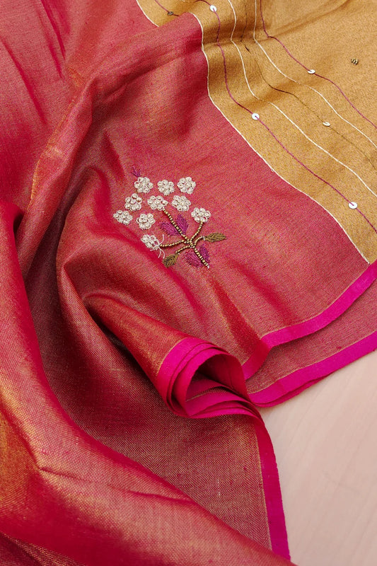 Tomato Red Handwoven Zari Linen Saree with Hand Embroidery Work