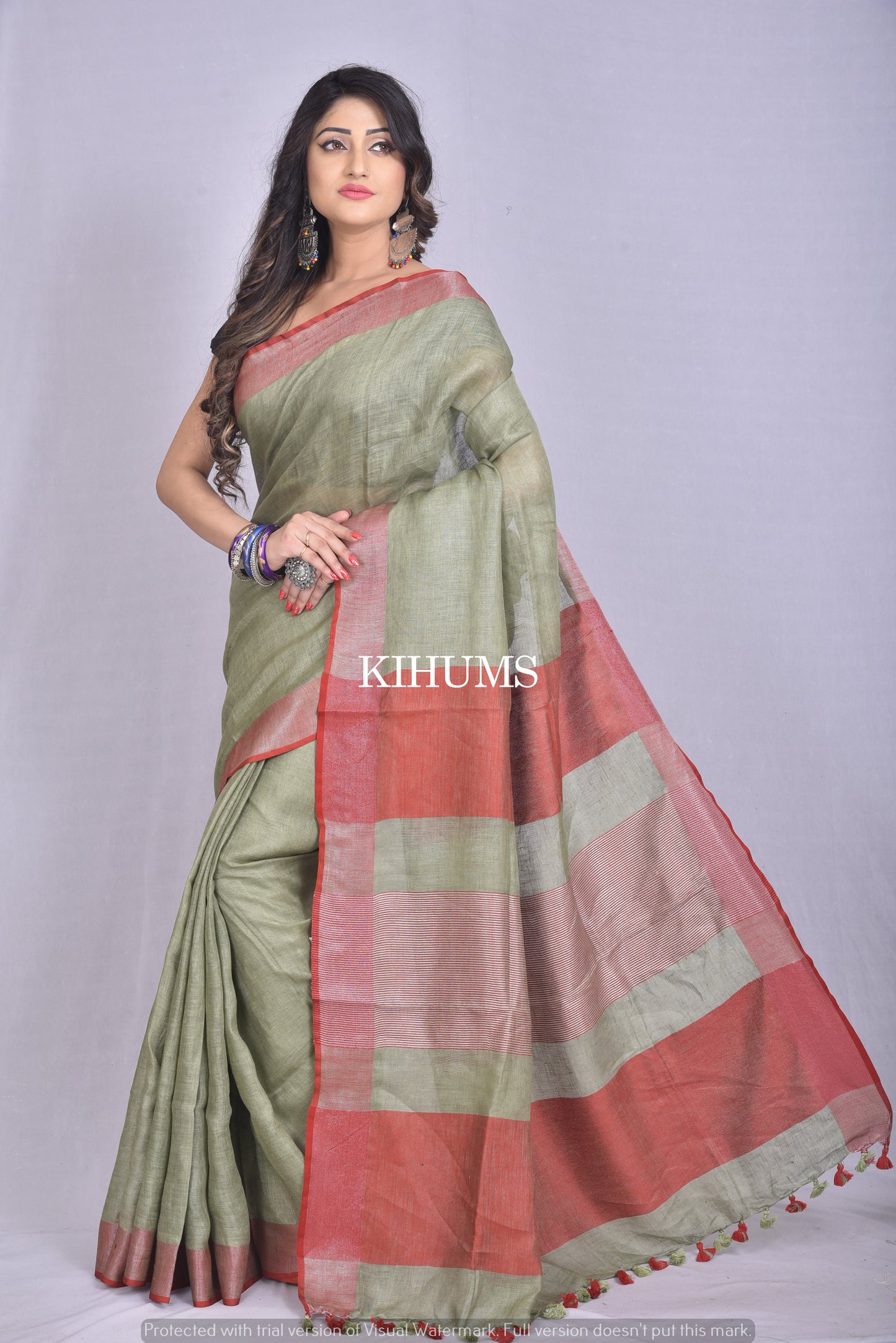 Ash Beige Shade Handmade Pure Linen Saree | Red Border | KIHUMS Saree
