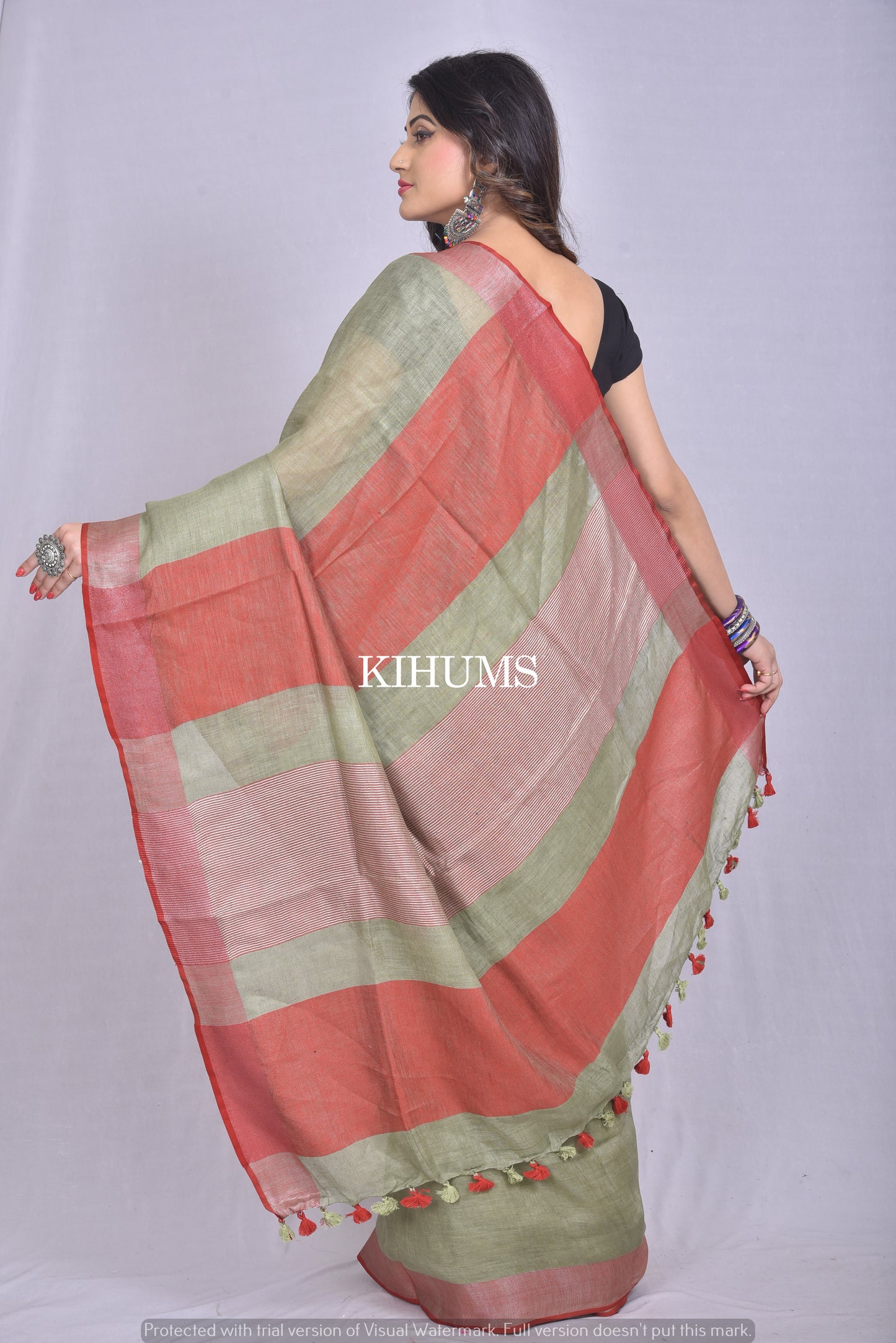 Ash Beige Shade Handmade Pure Linen Saree | Red Border | KIHUMS Saree